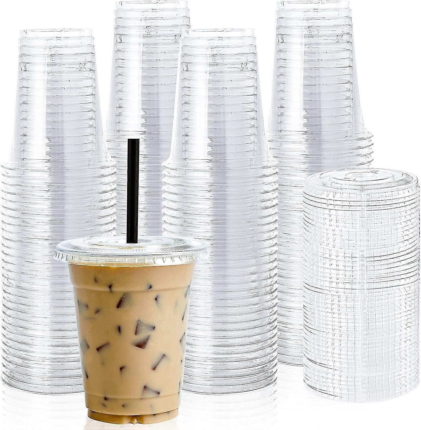 [100 Sets] 12oz Clear Plastic Cups With Flat Lids, Disposable Drinking Cups, 12 oz Plastic Cups compatible Ice Coffee, Smoothie, Slurpee, or Any Cold