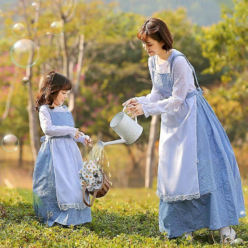 2022 Français Bleu Plaid Fille De Ferme Rustique Photo Portrait Sortant Costume Parent-Enfant