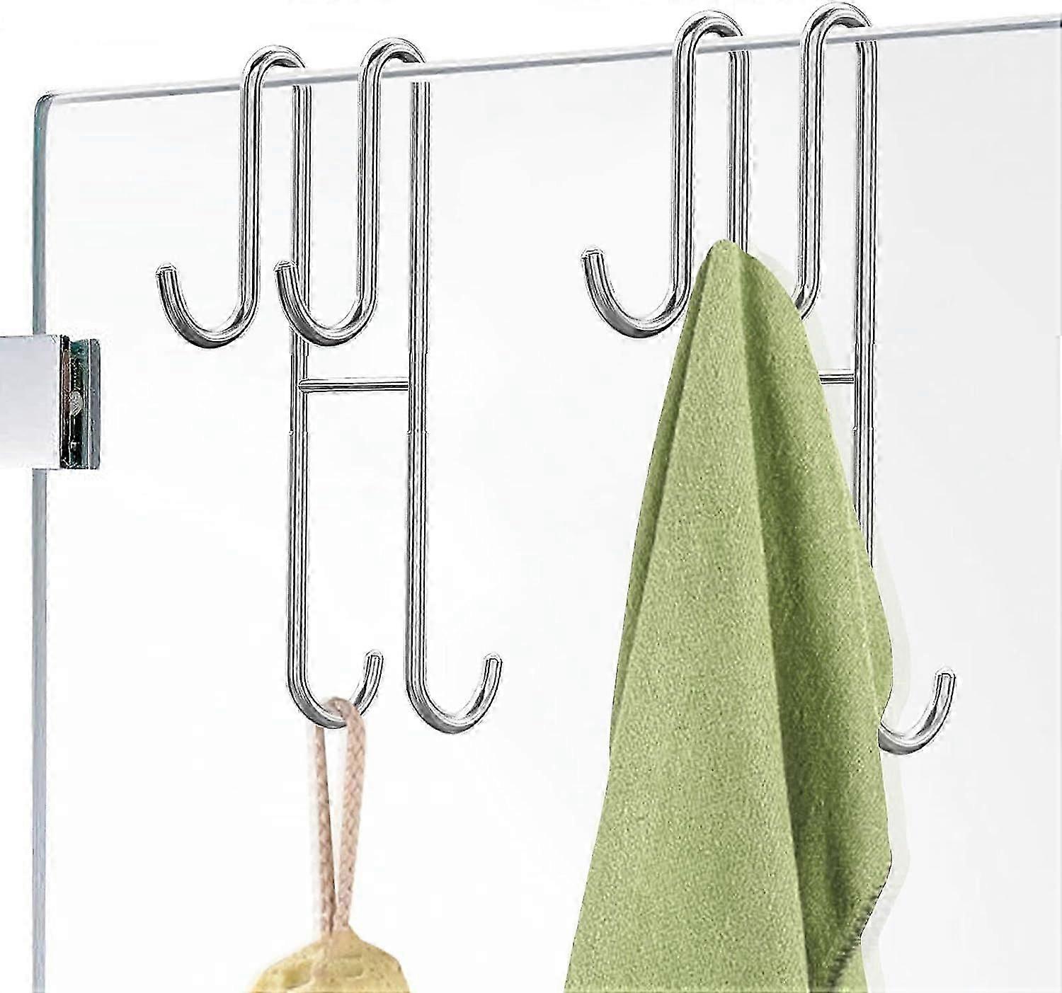 خطافات باب الدش ، خطافات منشفة مزدوجة من 2 قطعة لباب دش زجاجي بدون إطار للحمام ، خطافات حمام من الفولاذ المقاوم للصدأ شديدة التحمل ، غير مثقبة ، Sil