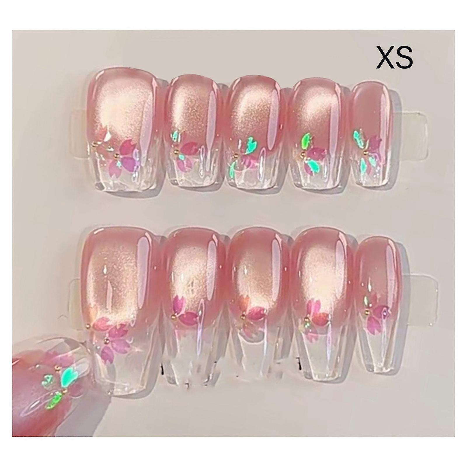 Lot de 10 faux ongles à pression, longs et réutilisables, style Aurora, à paillettes, couverture complète, code XS