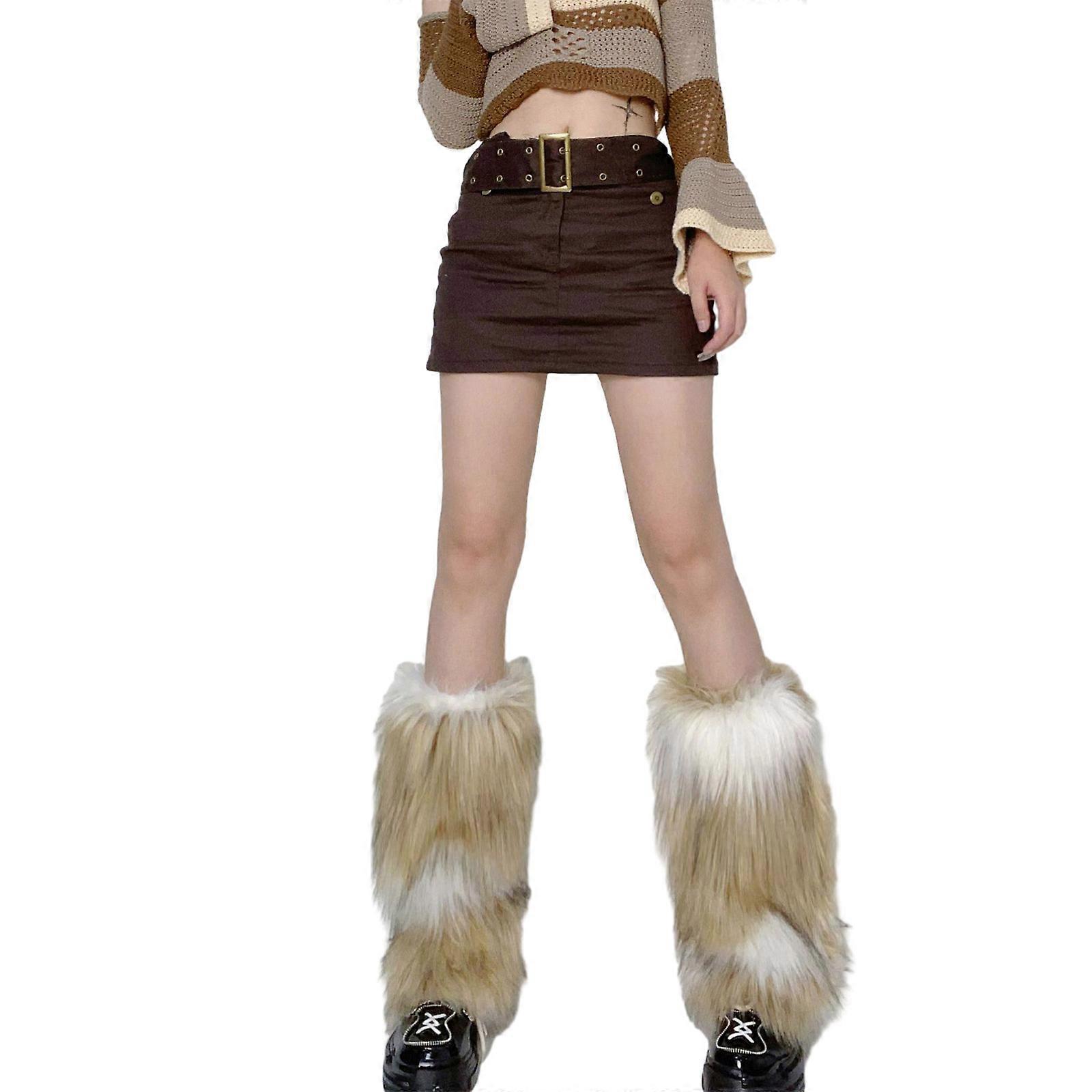 Fuzzy Faux Furs Leg Warmers Furs Heels Long Boots Cuffs Cover Has Elastic One Pair Carnivals Boot Cover Y2K JK Uniform 40
