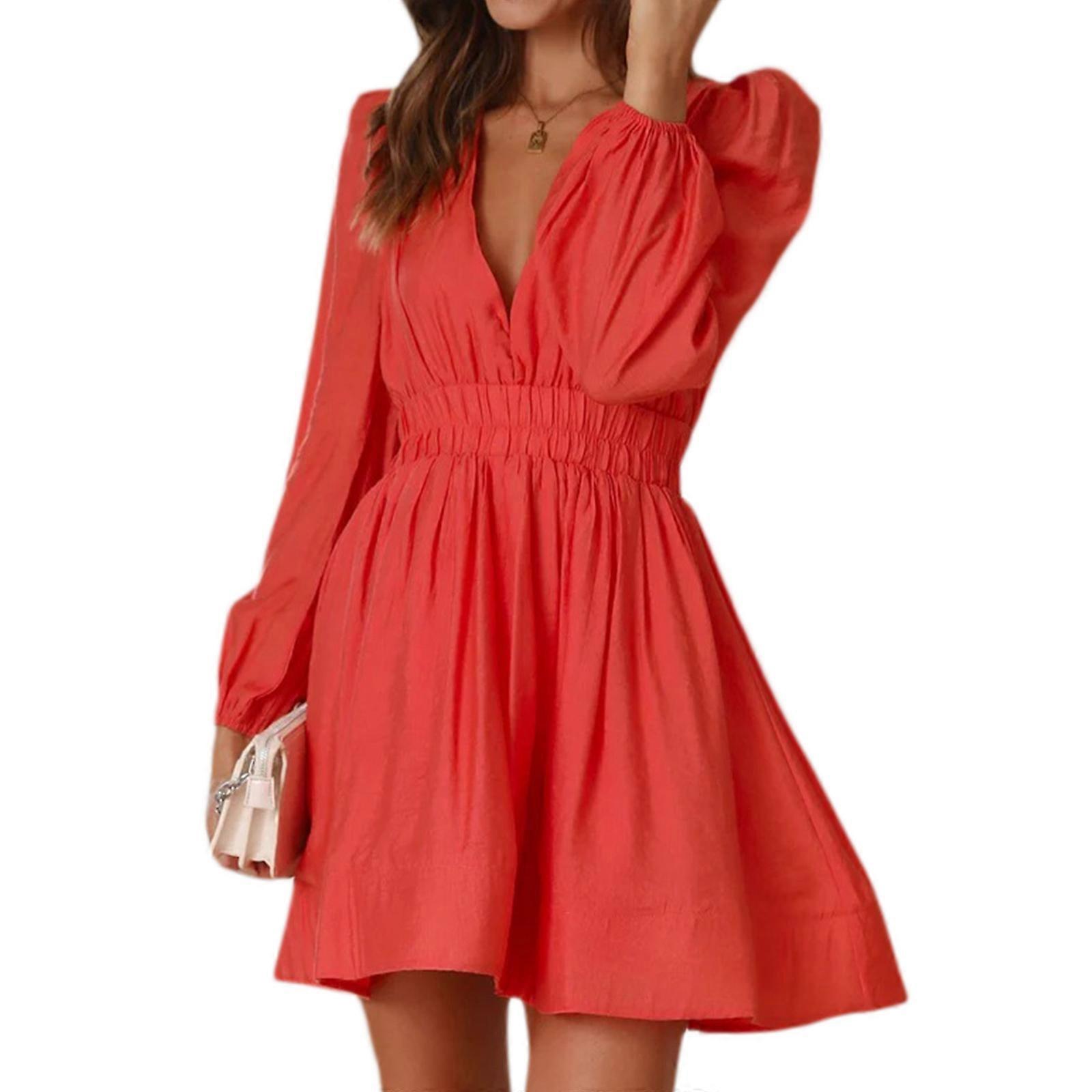 Mini Deep V-neck Dress Babydoll Dress Women Summer Casual Dress Summer Dress  Long Sleeve Dress ALine Sundresses orange red L