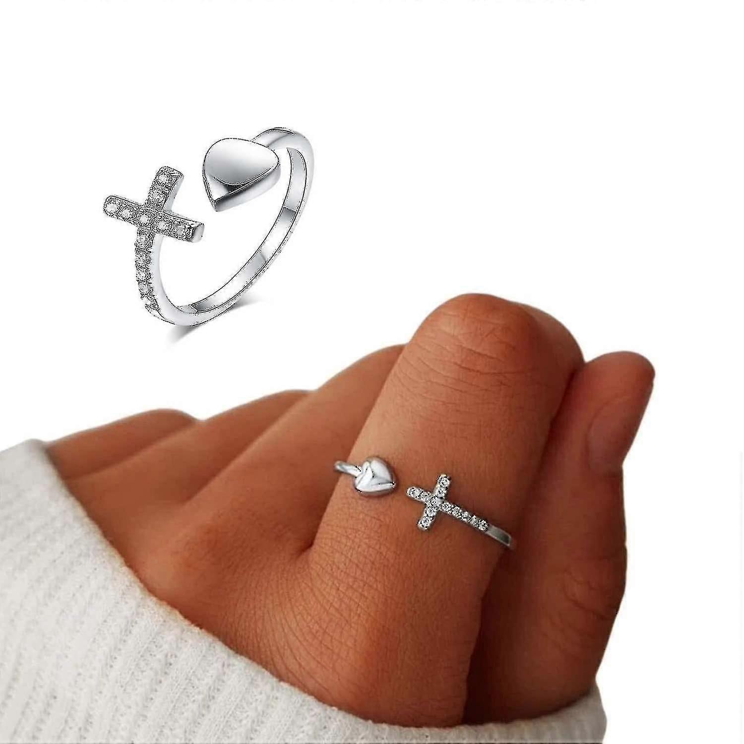 Sterling Silver Adjustable Cross Rings For Women Men Love Stackable Open Ring Sideways Cross Ring
