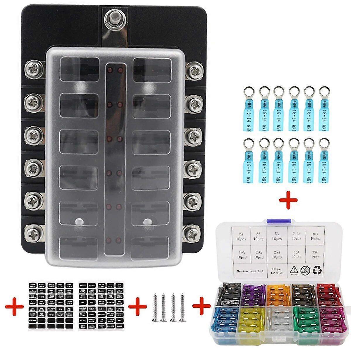 Blade Holder Fuse Box 12/10/8/6 Ways Modified Terminal Block Fuse with LED Warning Light 12V~24V Power Distribution Panel Boat