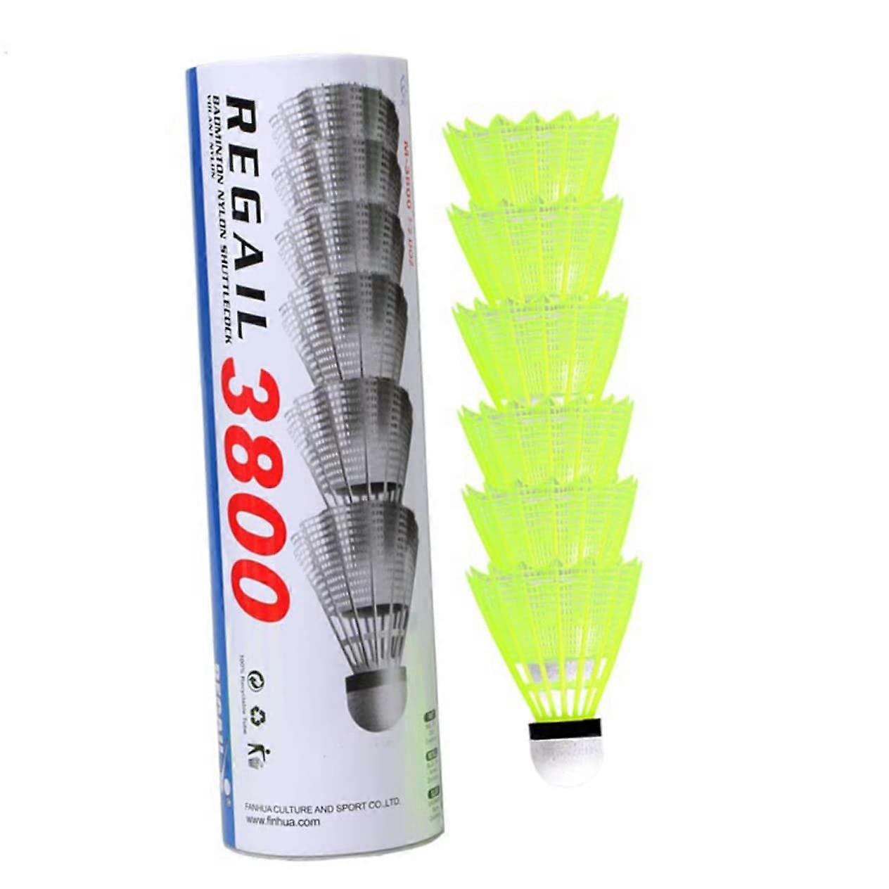 Badminton Shuttlecocks Pack Of 6, Yellow Nylon Round-Tip, For Training And Practice, All Ages