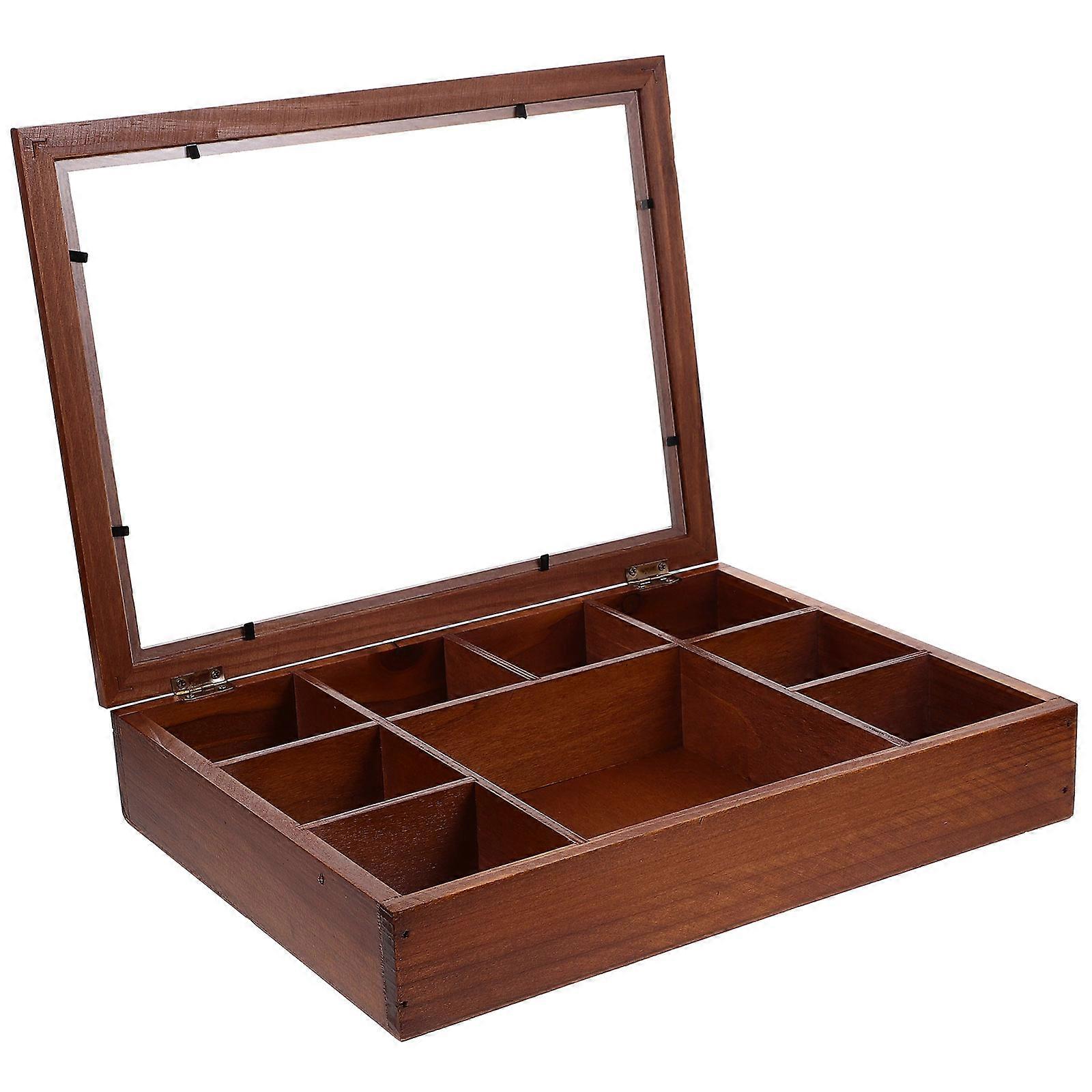 Crystals Display Case Retro Wood Display Box Collectors Storage Holder Desktop Ornament Brown 32.00X24.50X6.00CM 1Pcs