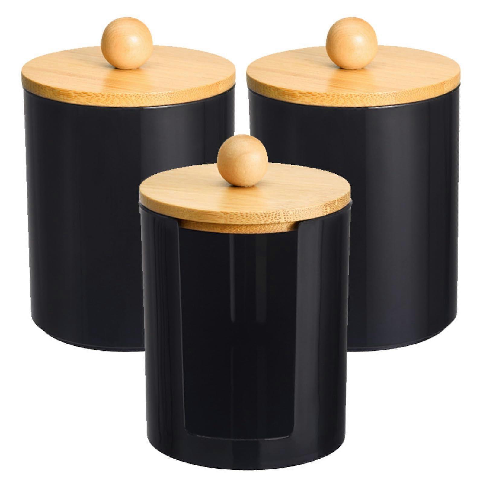 Container Pack Of 3 Black Acrylic Canisters With Bamboo Lid For Cotton Pads Storage And Cotton Buds