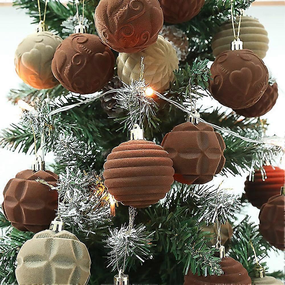 12 Pieces Velvet Christmas Baubles, Shatterproof Farmhouse Tree Ornaments in Coffee Color for Holiday Decorations