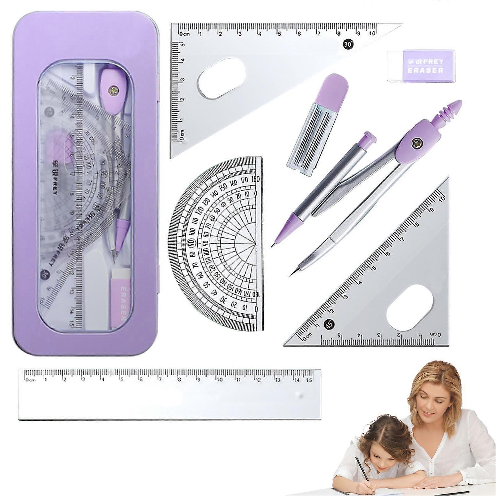 Geometry Ruler Set 7 Pieces Purple School Stationery Kit with Compass Protractor and Rulers for Students in Carry Bag