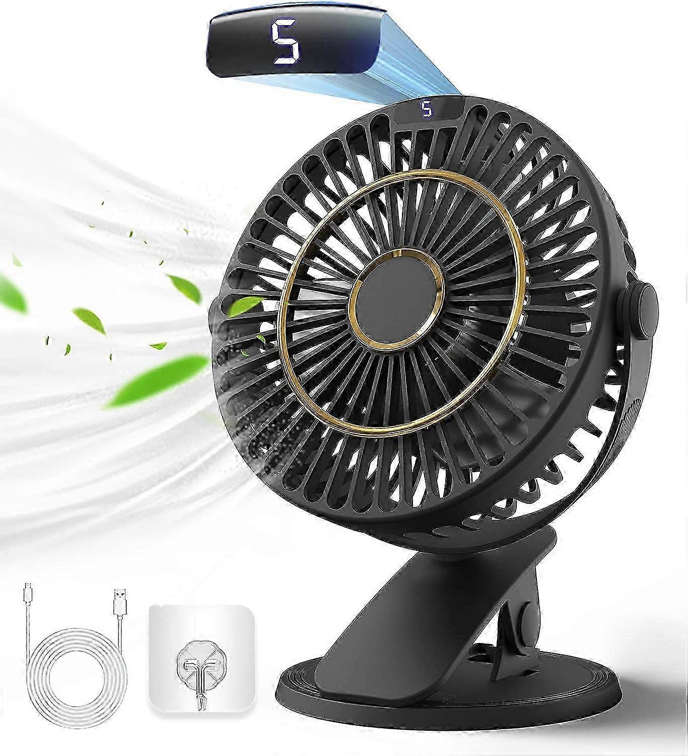 USB Clip-On Desk Fan - 5 Speeds, 720° Rotation, Quiet