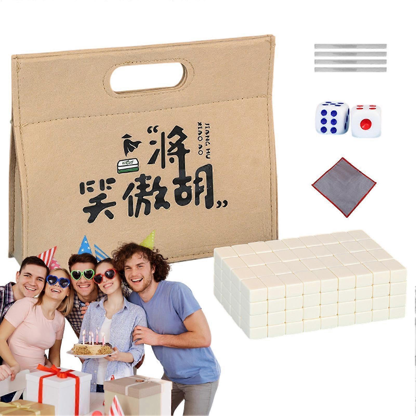 Mahjong game, portable set, small tiles, board game, family game, tablecloth, bag, dice, rack.