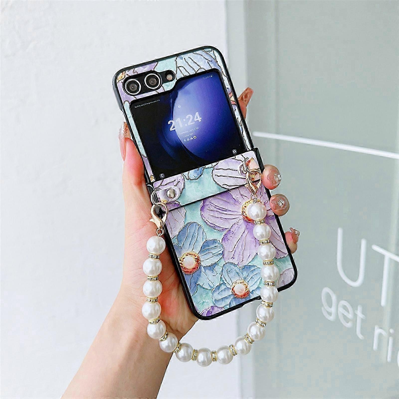 for Samsung Galaxy Z Flip 6 Case with Pearl-Accented Chain Phone Charm, Classical Folding PC Slim Shockproof Cover for Samsung Z Flip 6