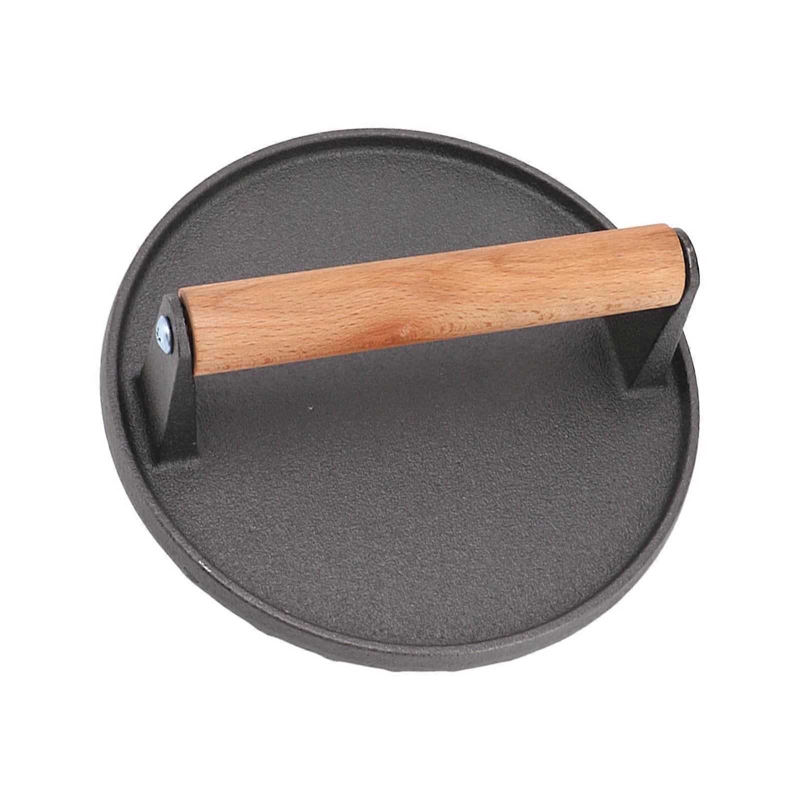 Grill Press Cast Iron Ridge Surface Comfortable Wooden Handle Round Meat Press for BBQ Burger Bacon 