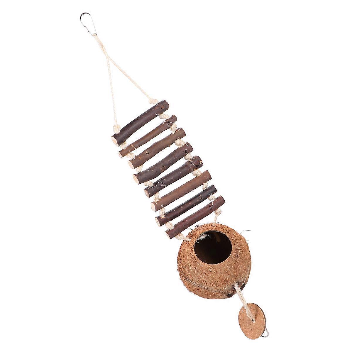 Coconut Bird Nest Hut Natural Breeding Nest for Birds Small Animals Coffee 40x10.5x15 Cm with Rope Ladder 1Pcs