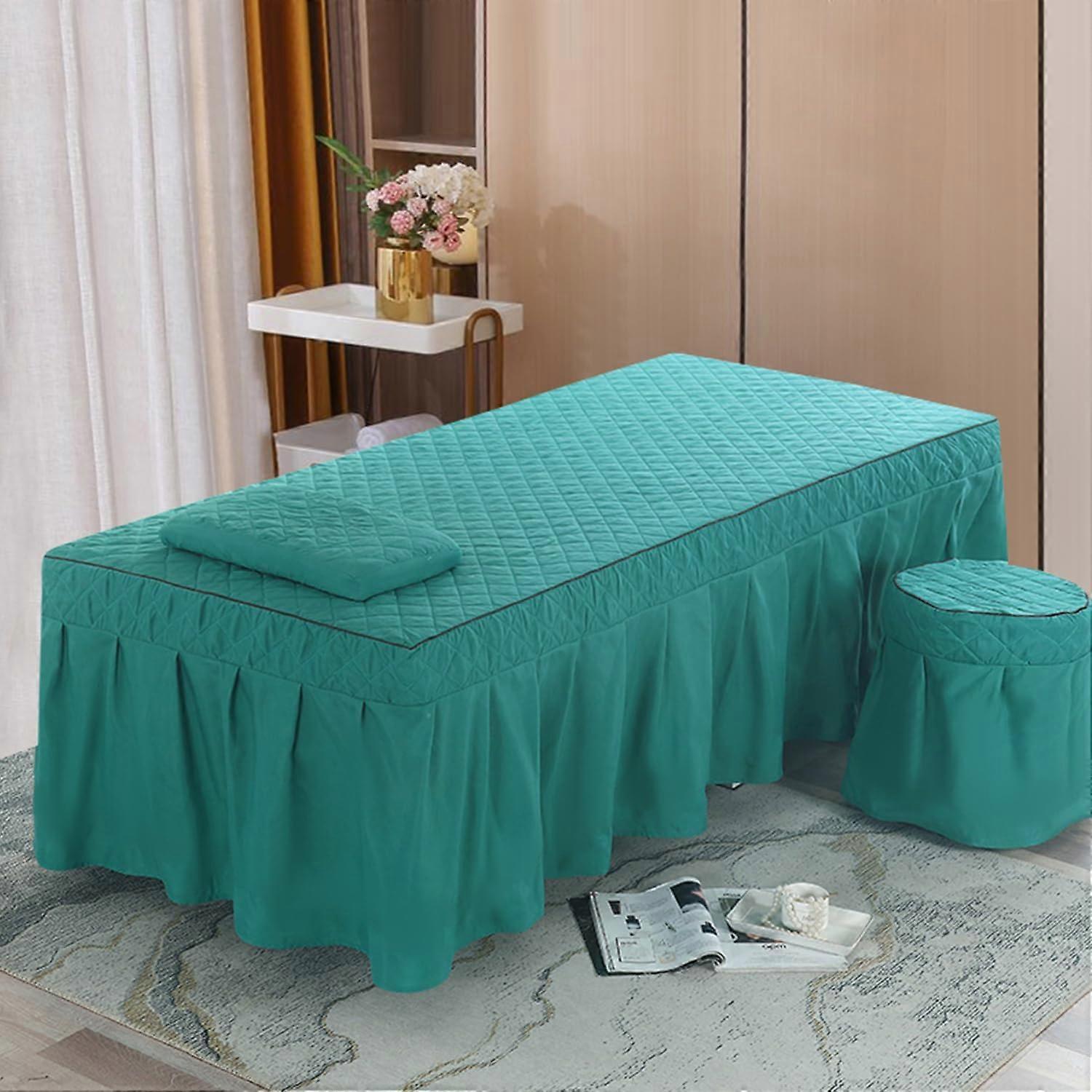 Massage Table Blanket With Face Hole, 70 x 190 cm (S), Green/Blue, Breathable Elastic Band Cover, Skirted Couch Cover