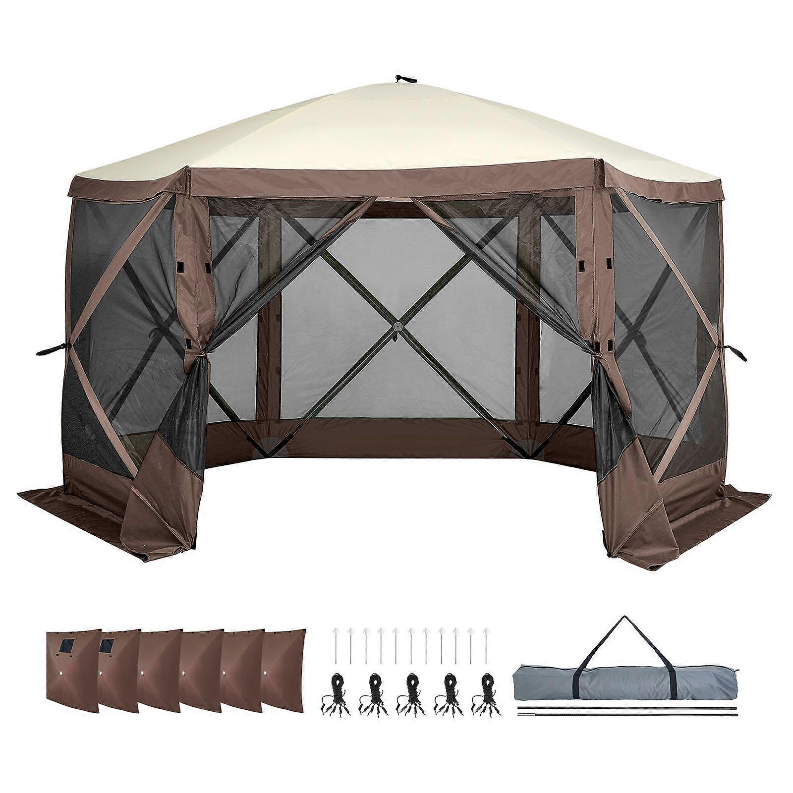 Pop-Up-Pavillonzelt, Pop-Up-Screen-Zelt 6-seitiger Baldachin-Sonnenschutz mit 6 abnehmbaren Sichtschutz-Windtüchern und Mesh-Fenstern, 11,5 x 11,5 Fuß, Braun