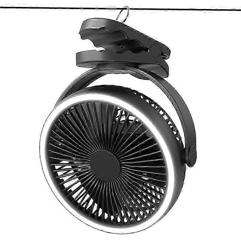 Camping Fan Clip USB 6-21 Hours Use 4 Speeds,LED Lights,Hook 360Quiet RechargeableBlack25*21*12.5cm