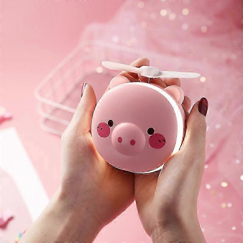 2 in 1 Cute Pig Mini Makeup Fan Led Mirror Light Universal USB Rechargeable Folding Portable Small Fan 1pc
