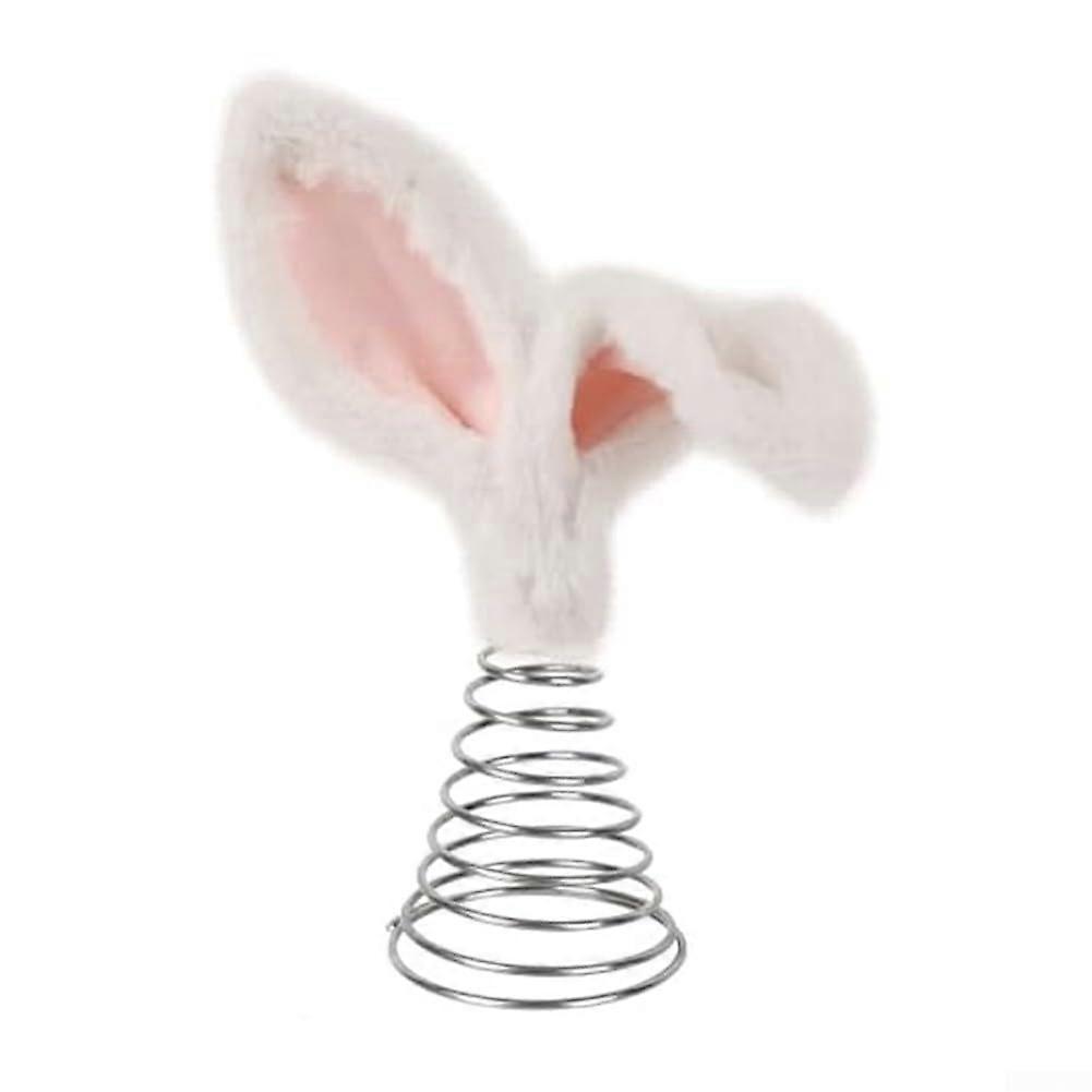 Festive Plush Bunny Ears Tree Top Decoration For Christmas Tree, 6-Inch Size, White And Pink, Polyester