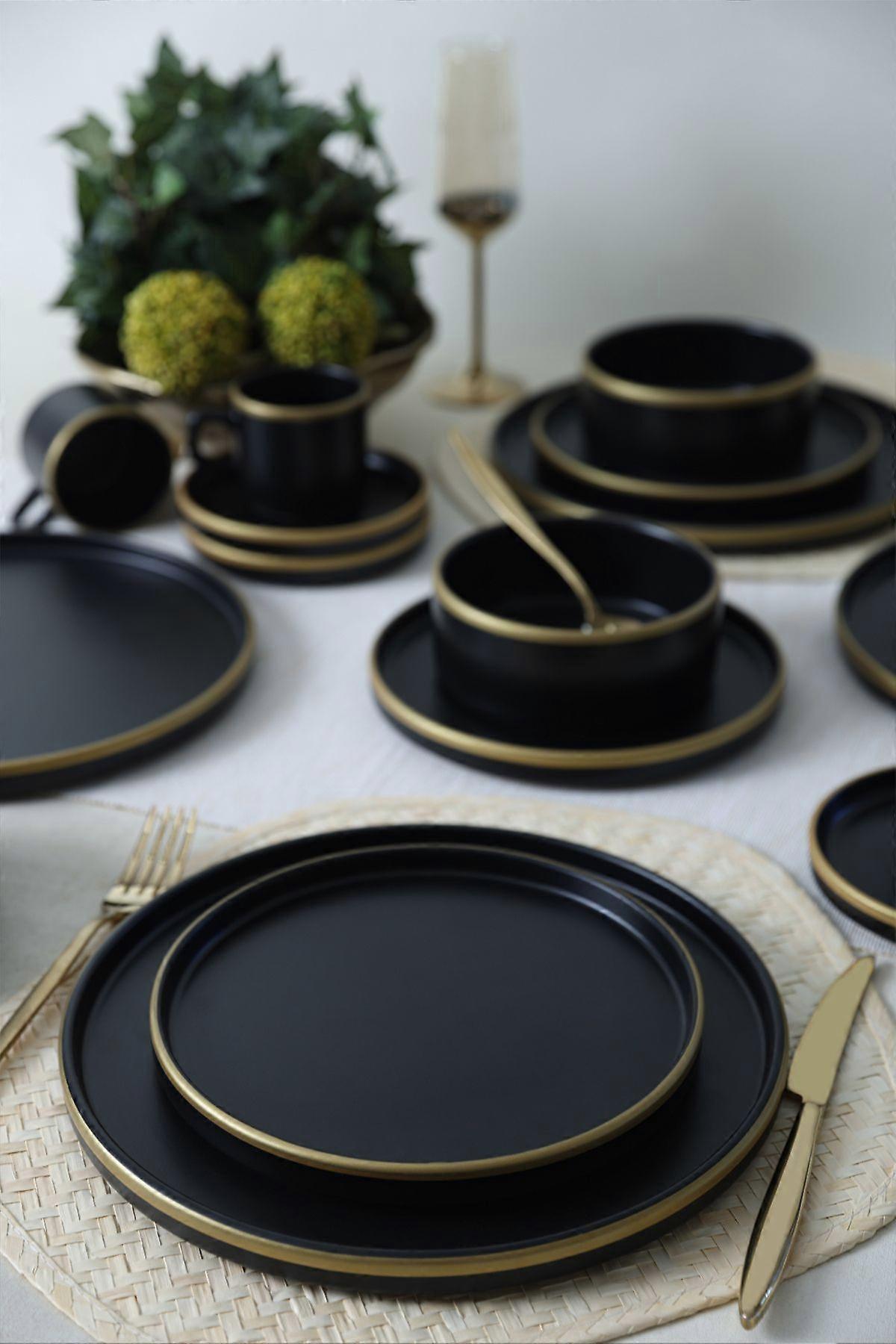 Keramika Dinnerware Set - Mat Black/Gold Stackable - 20 pieces - 4 persons - Stoneware