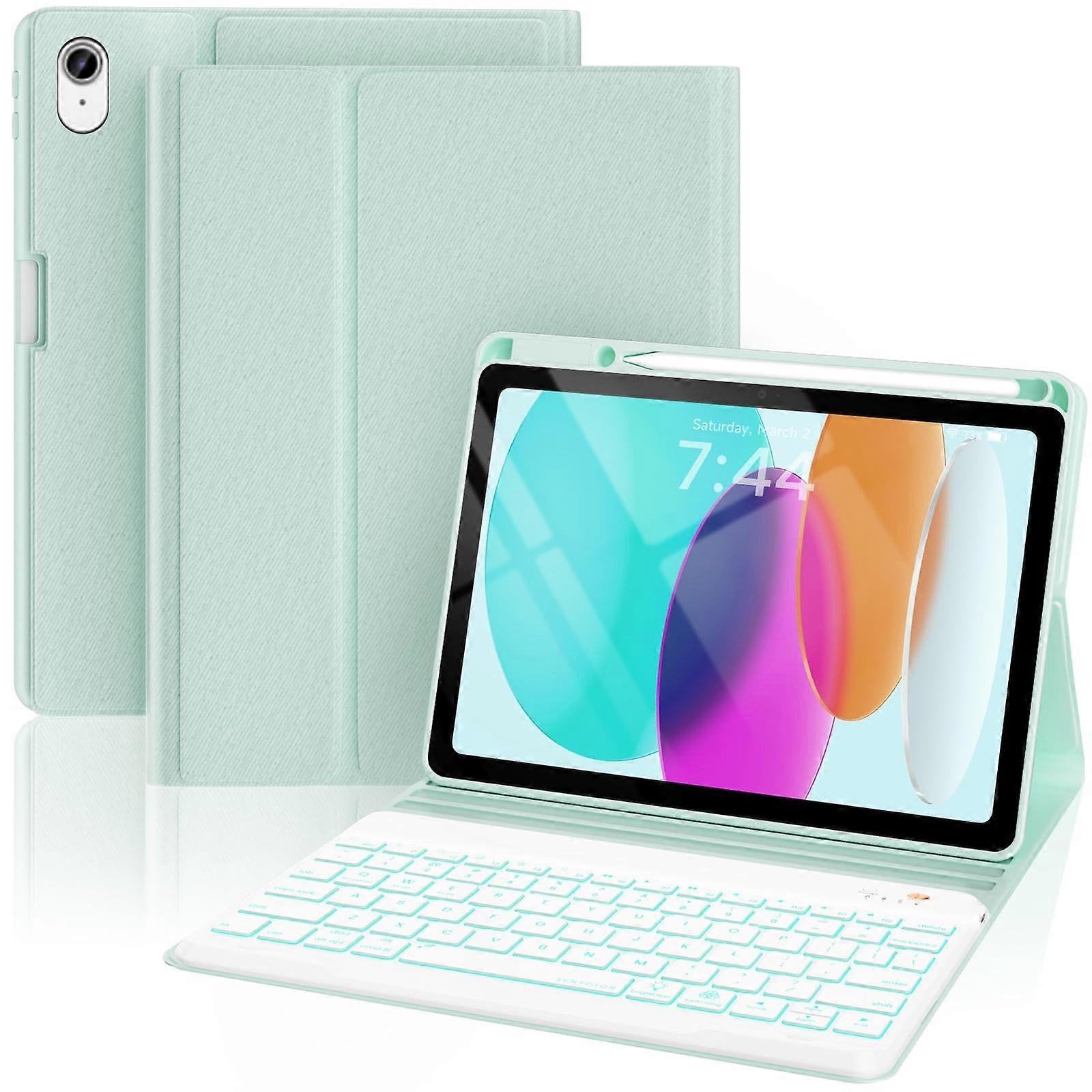 AntiFalloff Keycap Keyboard Case for iPad 10th/11th Gen, 7 Color Backlit (Green)