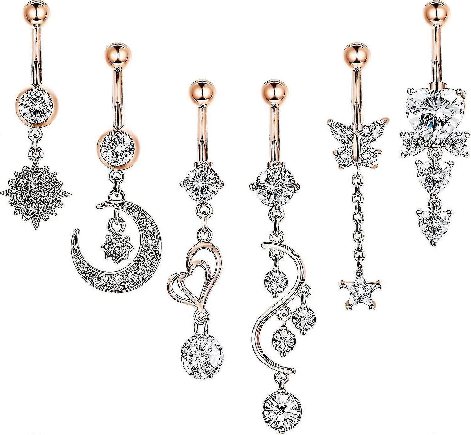 6 PCS 14g Belly Button Rings Dangle For Women Surgical Steel Navel