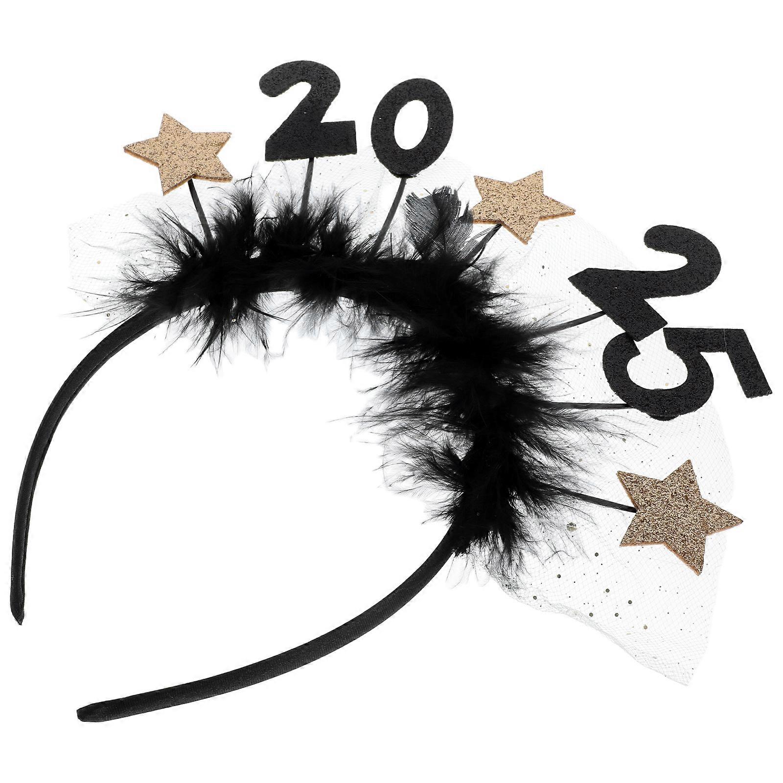 Happy New Year Headband for Kids with Plume and Star Design Festive Party Cloth Accessories Black Lightweight