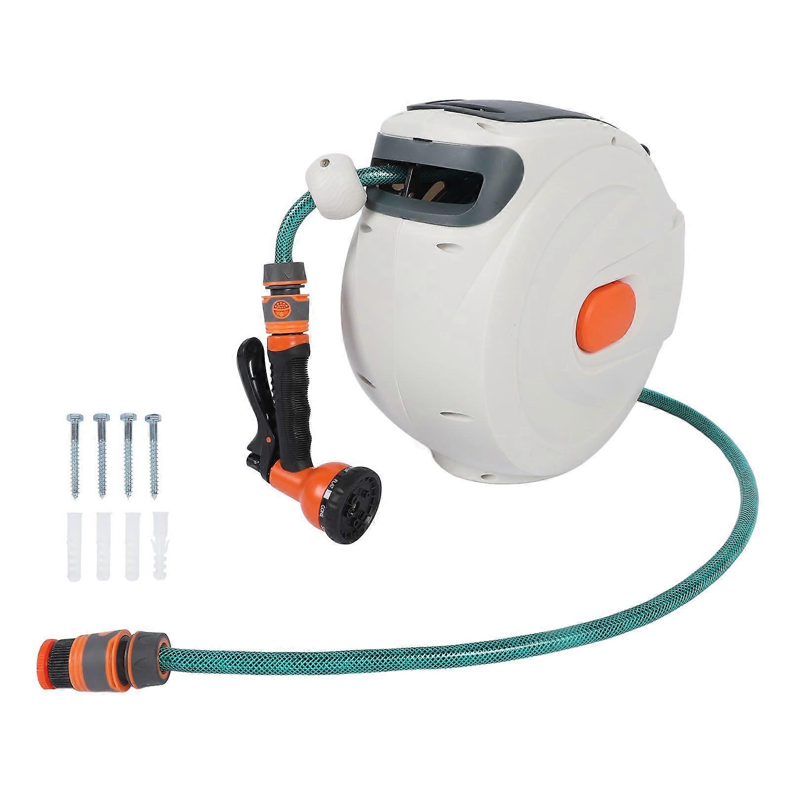 Retractable Garden Hose Reel Free Standing Wall Mount with Sprayer Nozzle Any Length Lock Slow Return 180 Swivel 10m