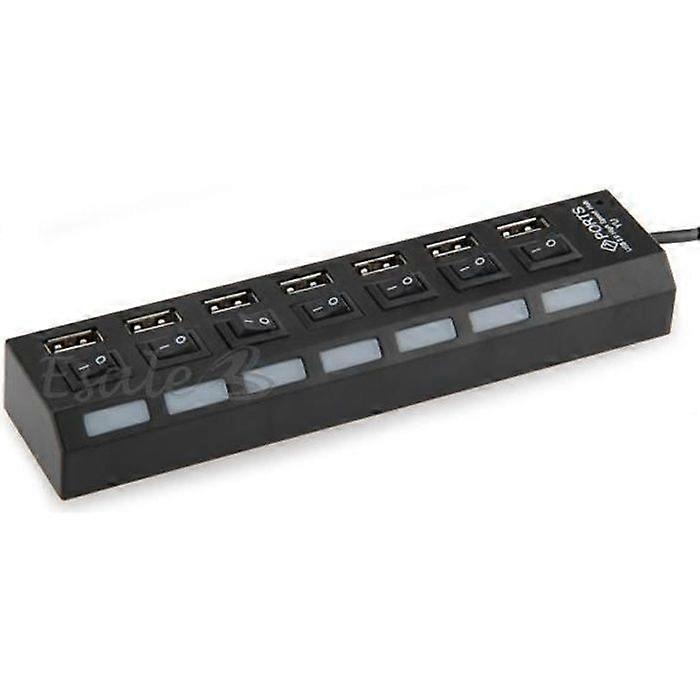 USB HUB - Black - 7 Ports - ON/OFF Switch - LED Lights - High Speed