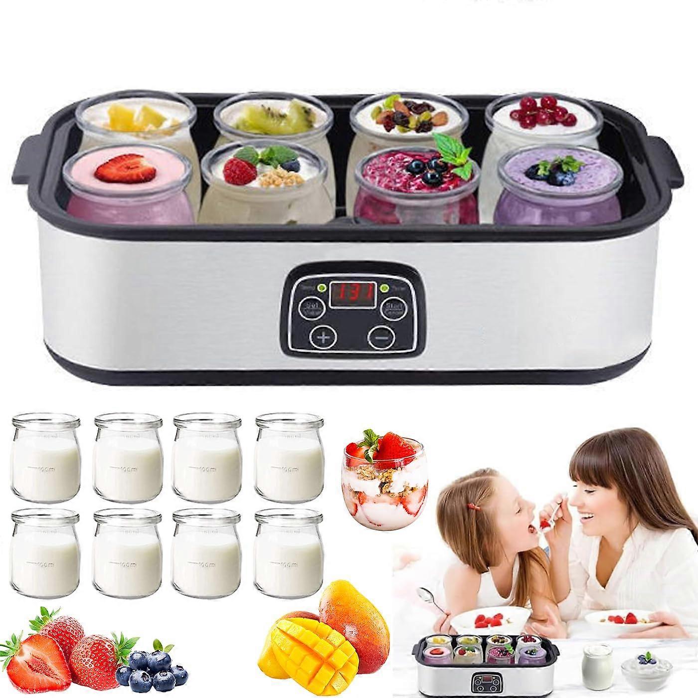 Automatic Yogurt Maker 1.4L With 8 Glass Cups Stainless Steel 2055C Temperature 148H Timer LCD Display
