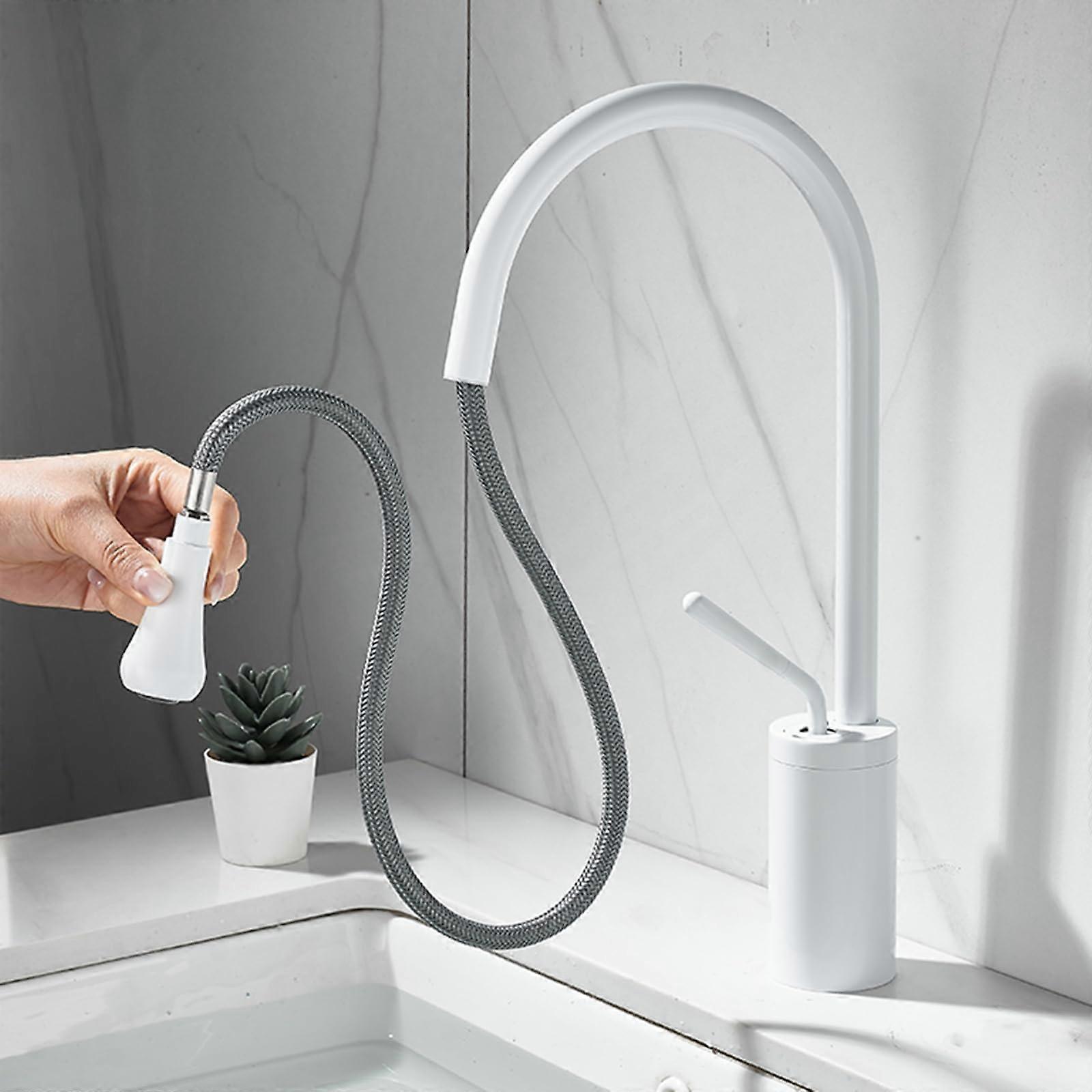 Pull Out Bathroom Mixer Tap 360Degree Rotatable Brass SingleHandle White Finish For Bathroom Basin