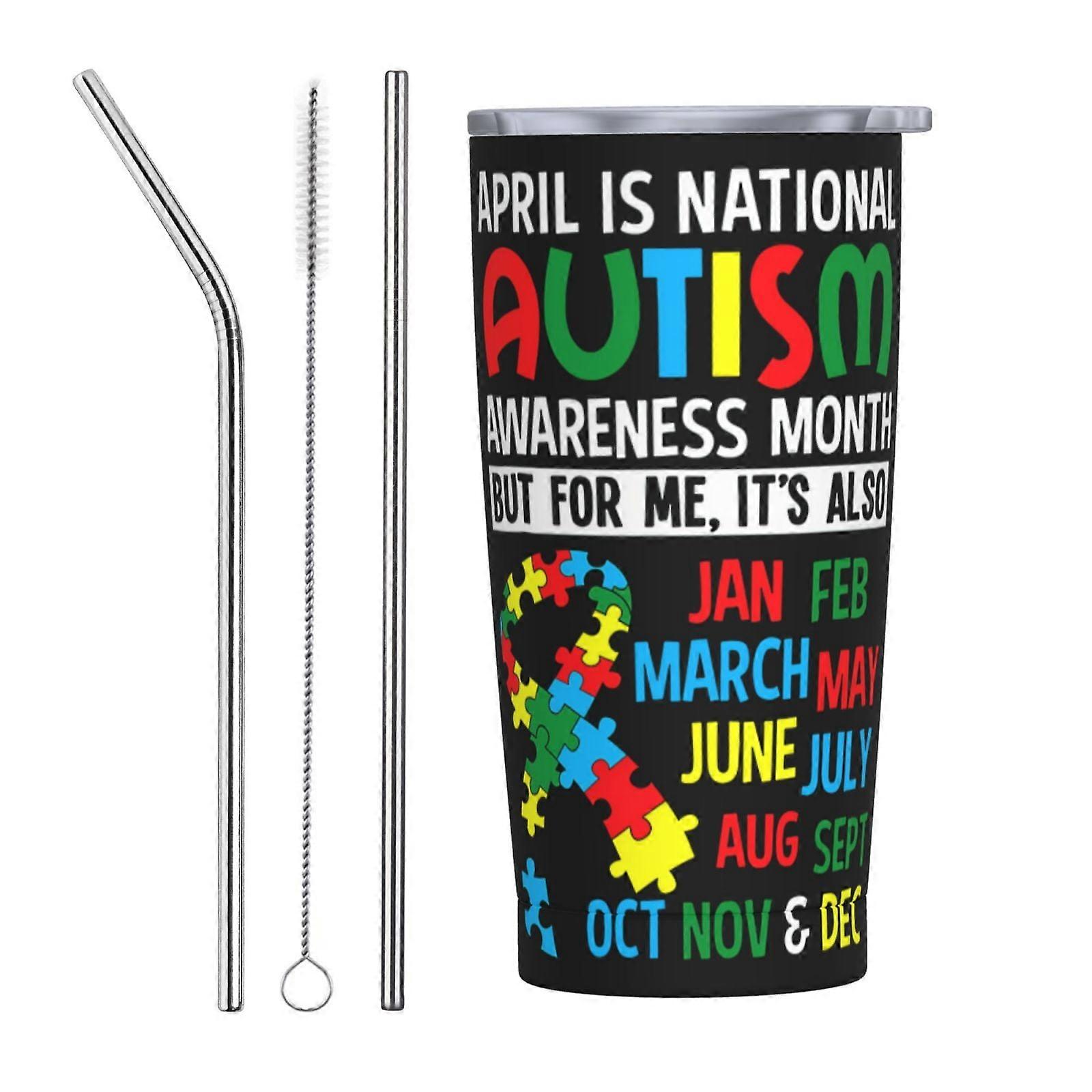 Avril est le mois national de sensibilisation à l'autisme. Tasse à café isotherme en acier inoxydable de 590 ml avec paille. Ensemble de trois tasses isothermes portables.