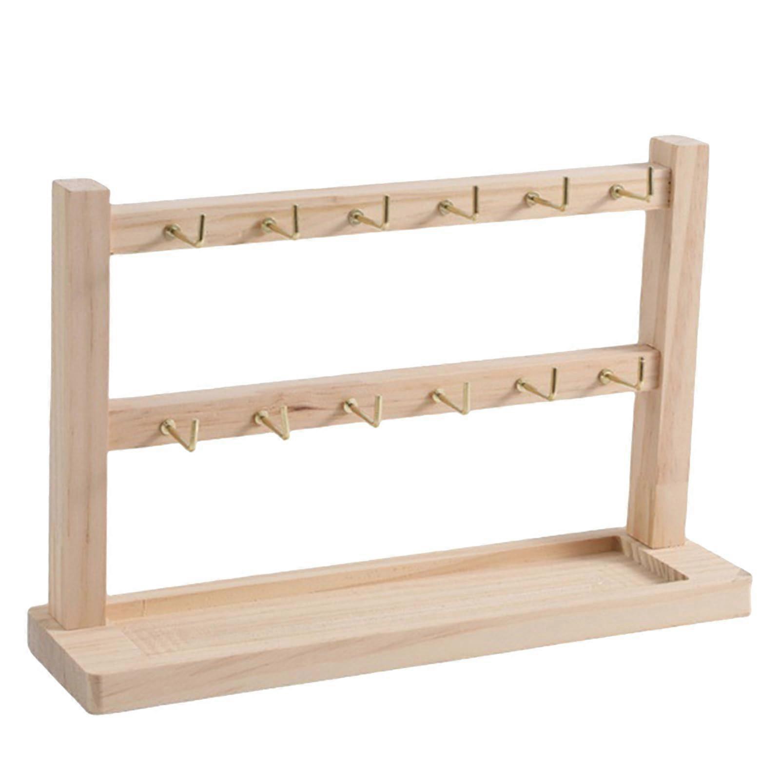 Multipurpose Keychain Showcase Stand Portable Solid Wood Two Tier 12 Hook Display For Home And Office