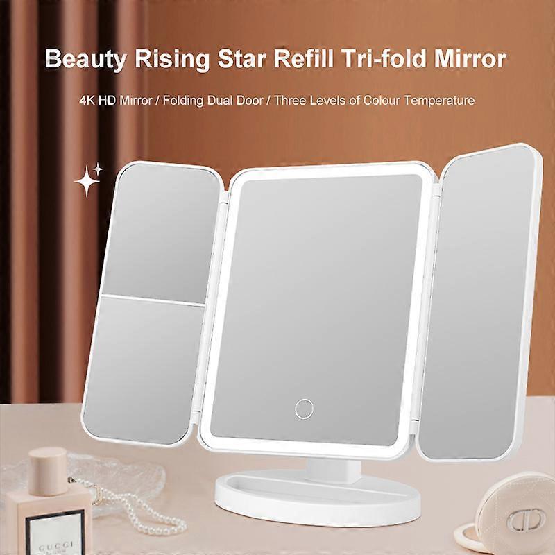 Three Folding Makeup Mirror Led Fill Light Magnified Mirror USB Rechargeable 3 Gears Light Color Rotating Storage Vanity Mirror