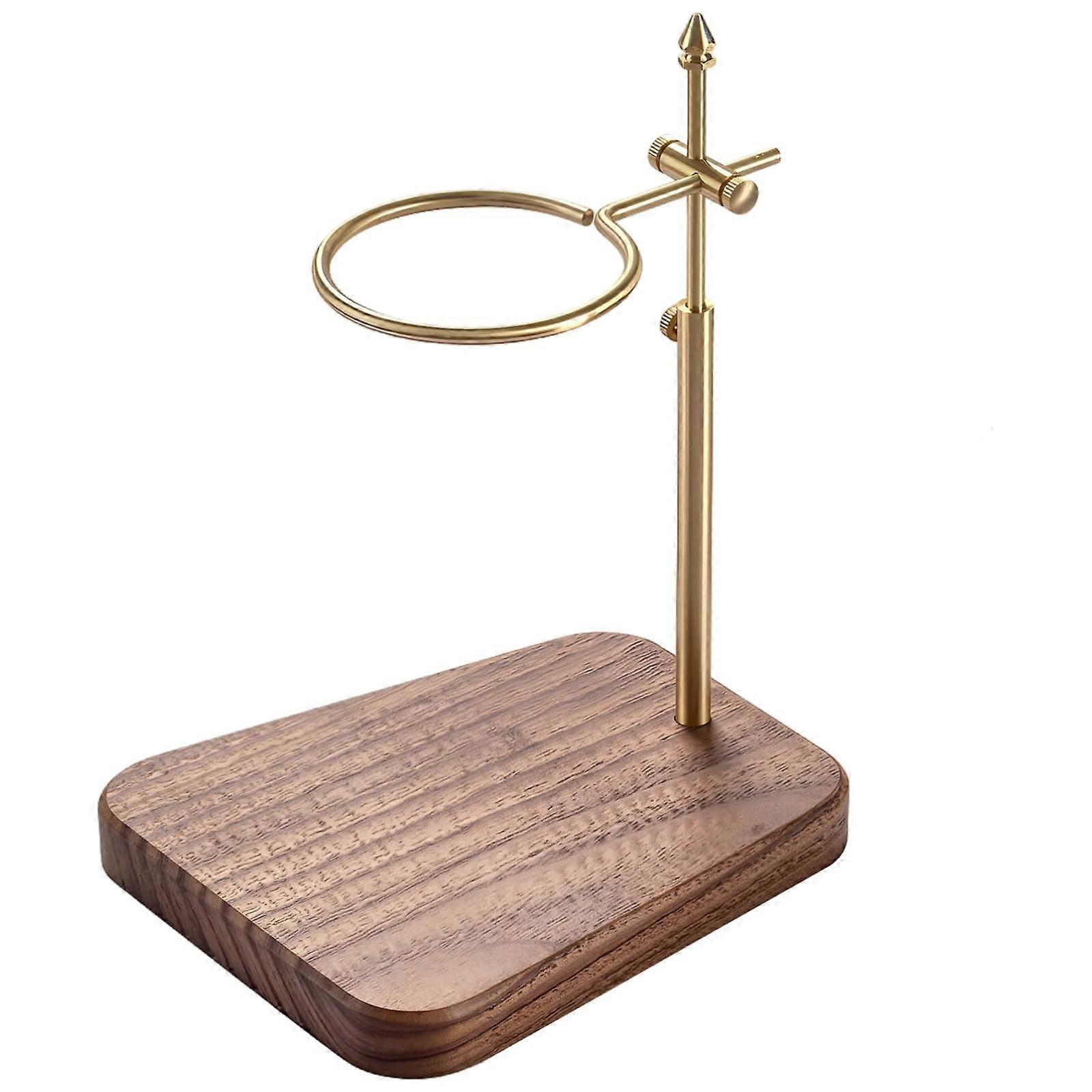 Walnut Pour Over Coffee Stand with Adjustable Brass Ring, 360° Rotation and Elegant Base