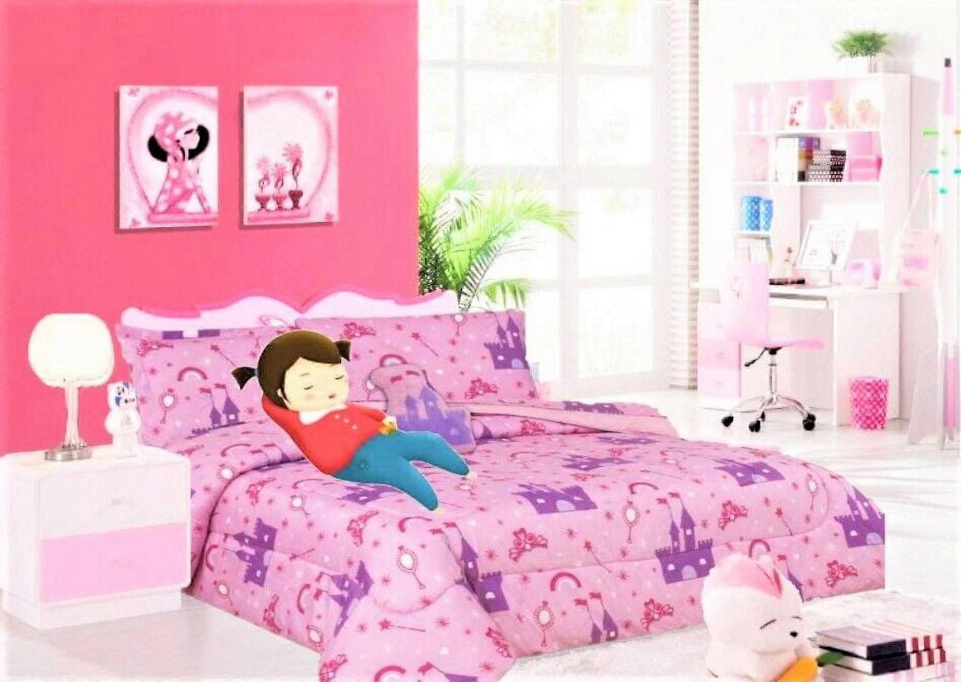 Princess palace printed easy wash twin size comforter set 6 pieces super soft with sheet set and pillow plushie toy bedding décor for kids girl boy