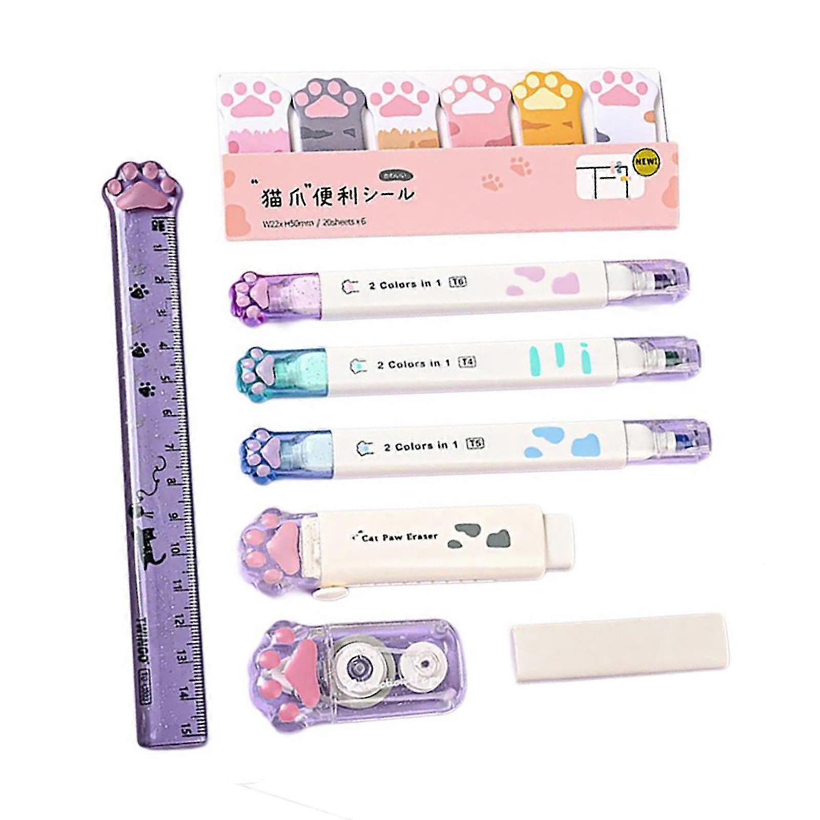 Student Stationery Set Clear Pen Case Correction Tape Roller Highlighter Eraser Small Notes Pad Back to School Supplies Multicolor