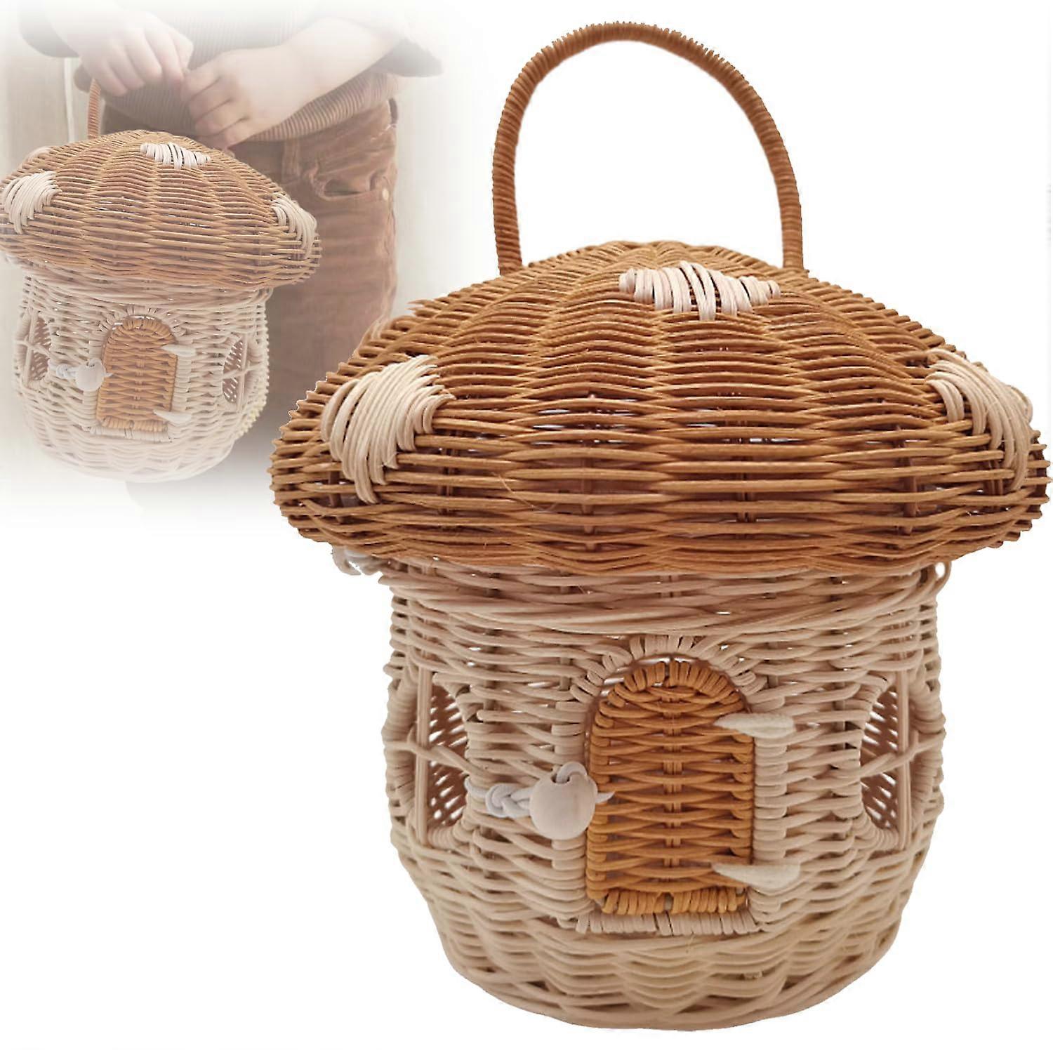 Rattan Storage Basket Mushroom Shape with Lid, Handmade Wicker Organizer for Kids Room Decor
