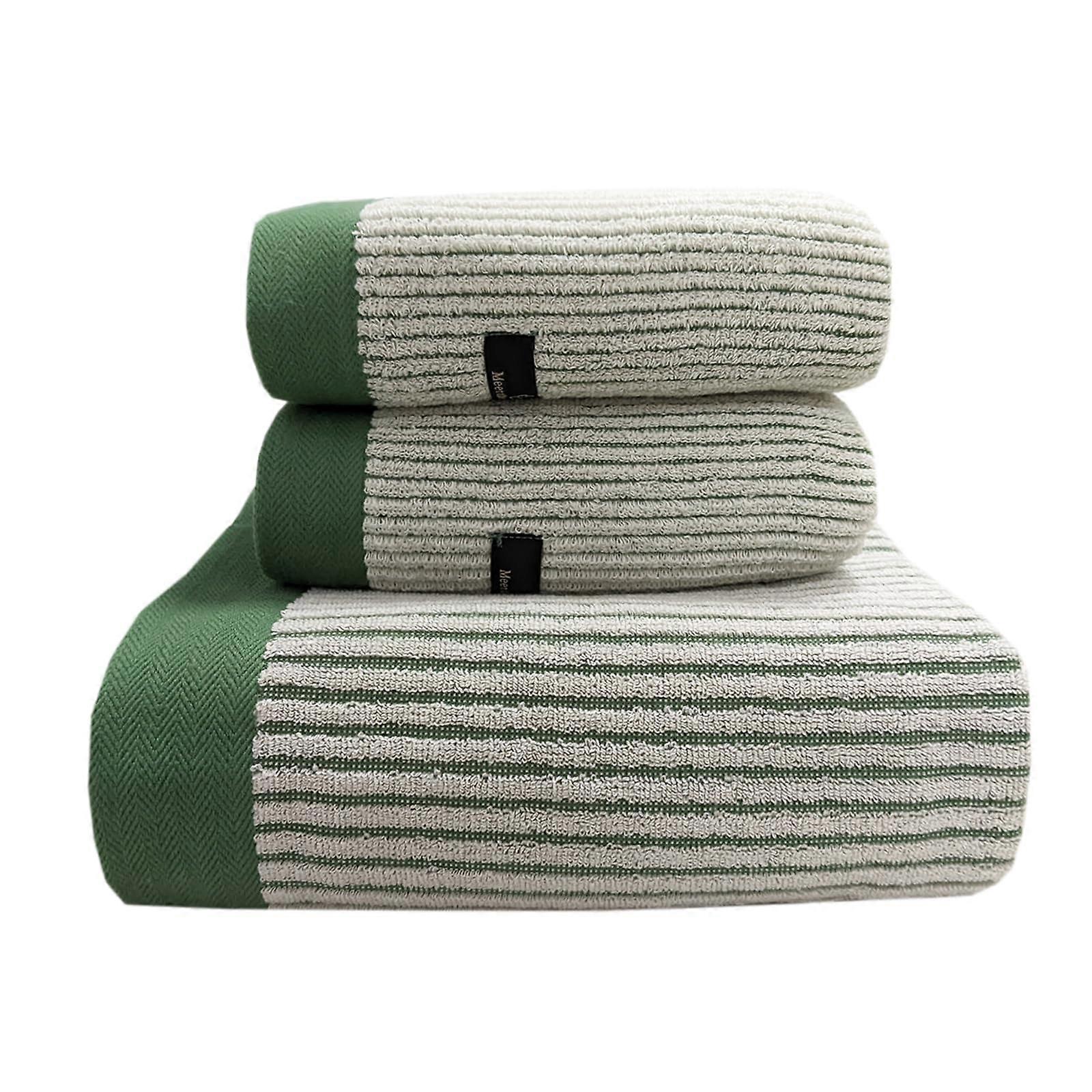 3Piece Cotton Towel Set with Ribbed Striped Design, Soft QuickDry Bath and Hand Towels Green