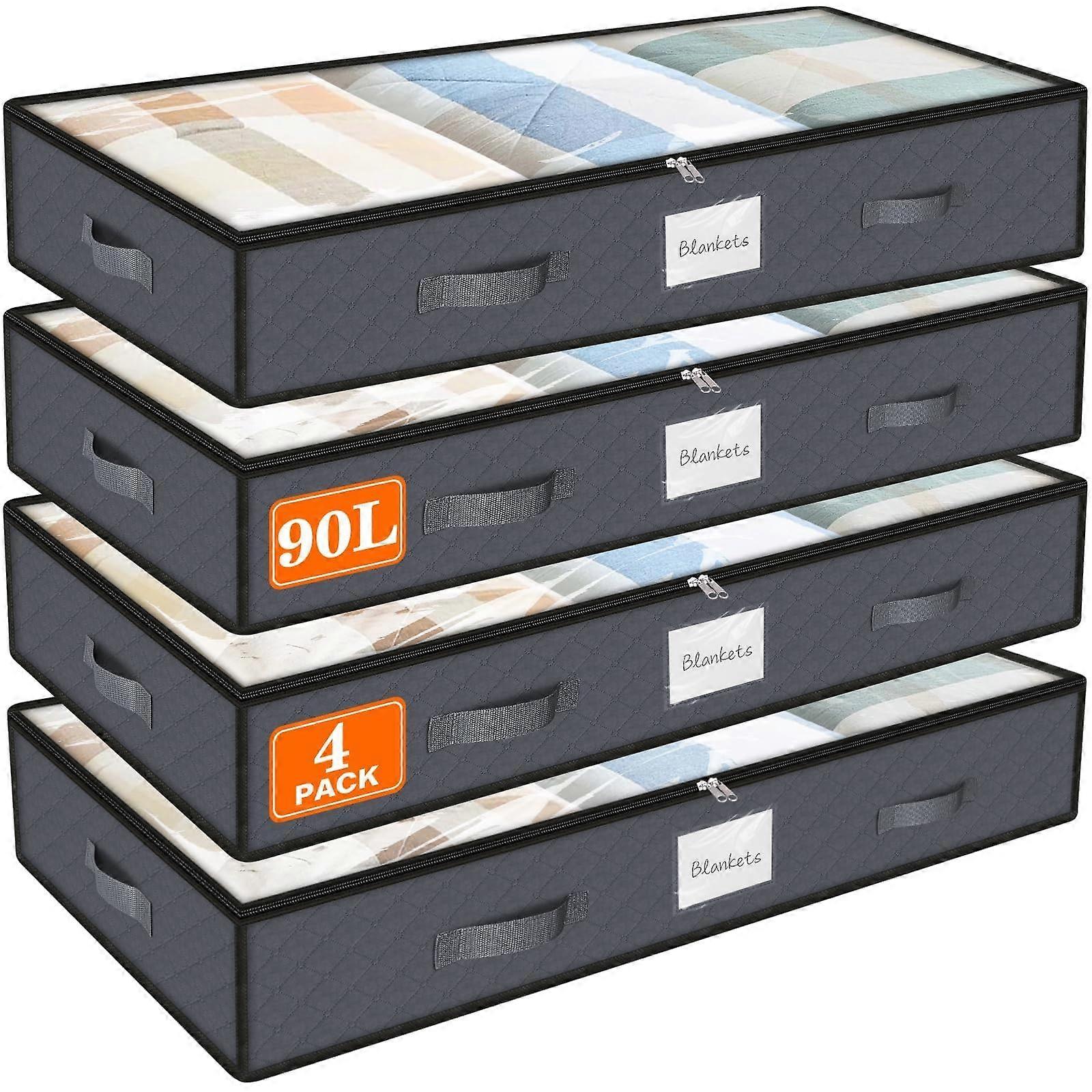 90L Under Bed Storage Containers 4 Pack with Clear Lid, Foldable Bins for Clothes and Bedding Gray