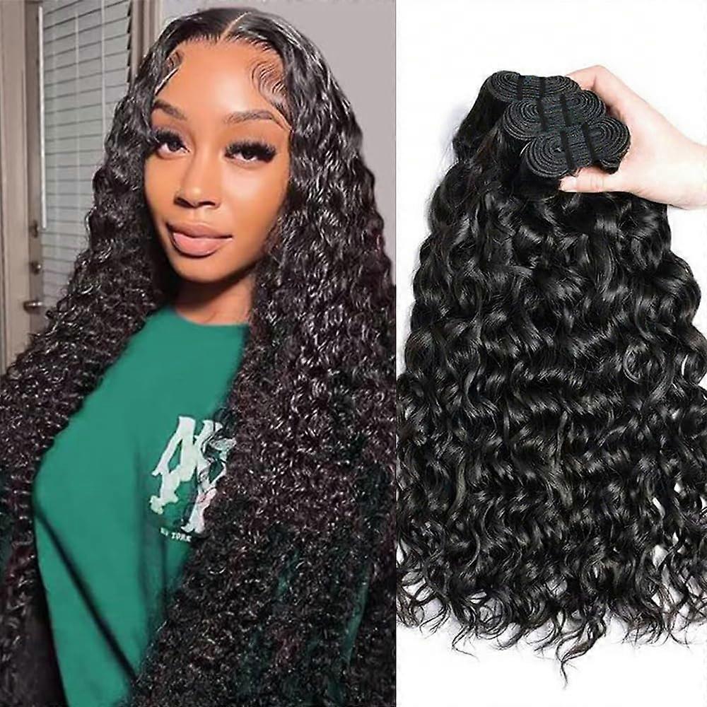 Cabelo virgem brasileiro em mechas, com ondas profundas e efeito molhado, extensões de 20, 22 e 24 polegadas, preto natural.