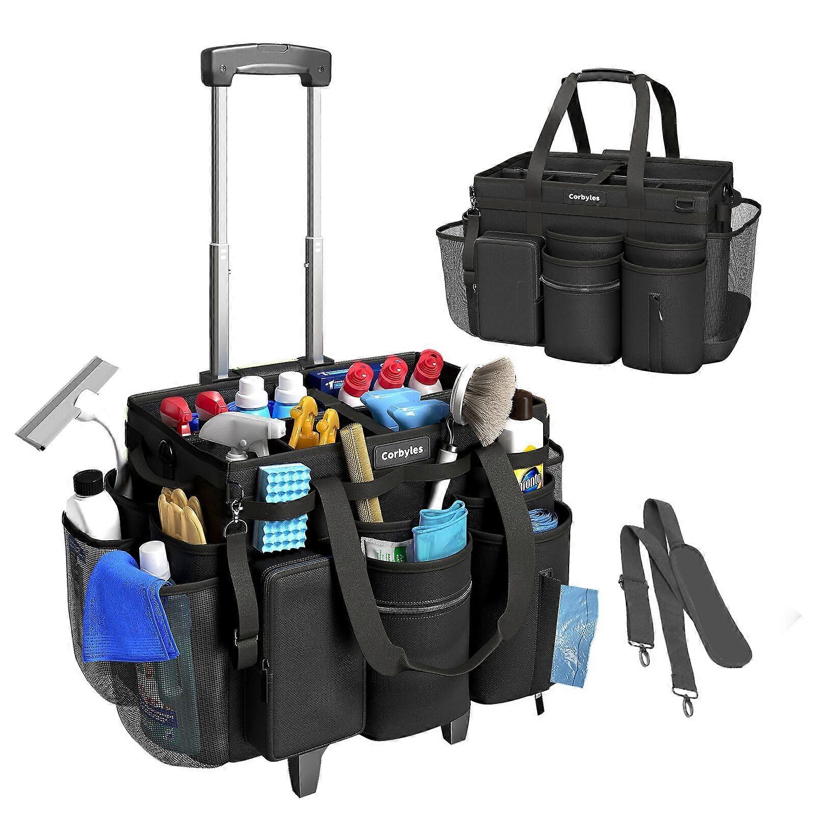 Waterproof Rolling Cleaning Caddy on Wheels with Detachable Trolley and Multiple Pockets, Black