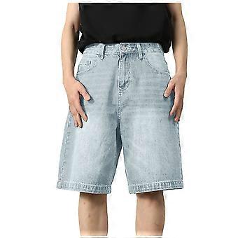 Herre lyseblå retro baggy højtaljede denimshorts, knap og lynlås foran, vide ben, lommer – alsidige til ferie/skole/fest