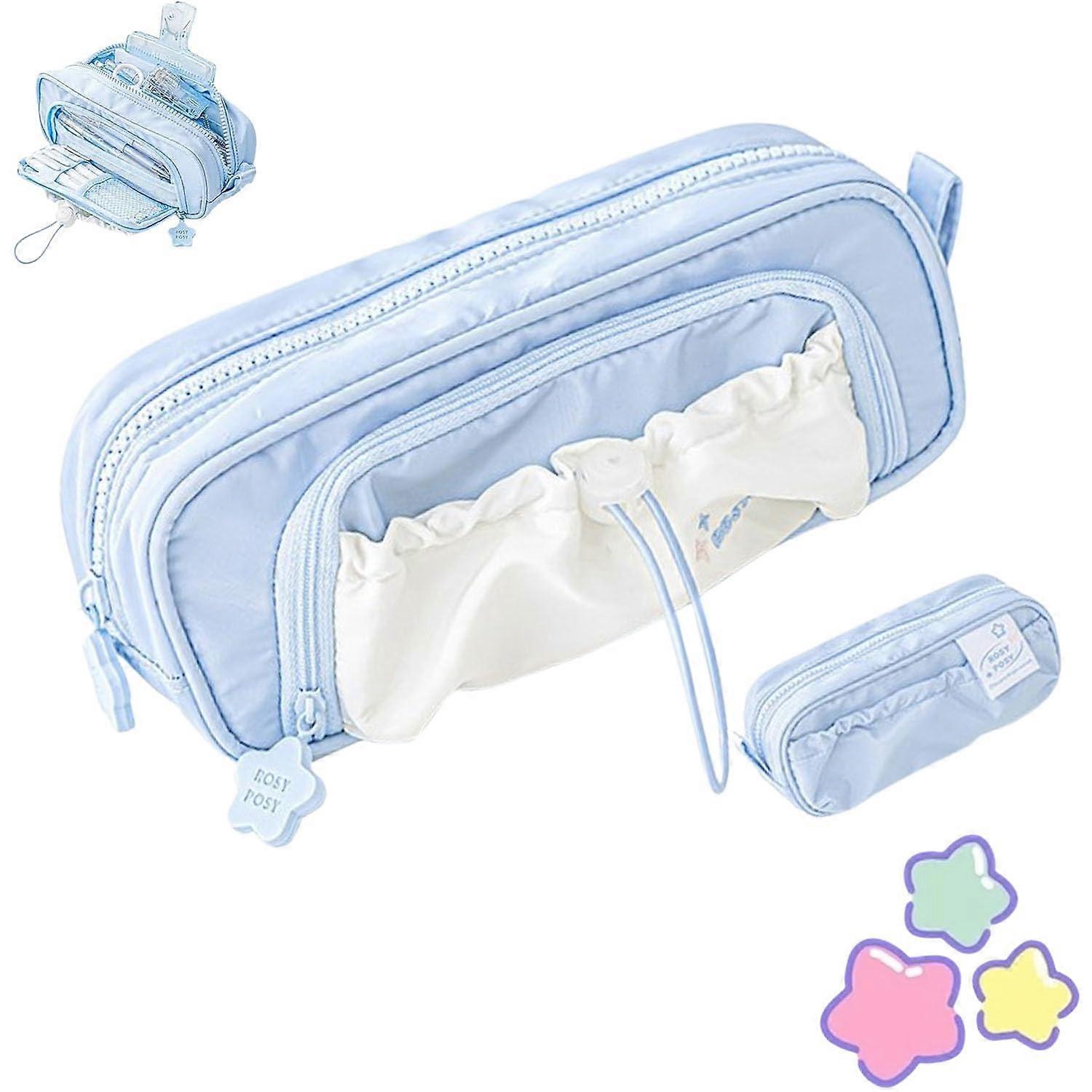 Large Capacity Waterproof Pencil Case with MultiPocket Drawstring Design, Kawaii Blue for Students