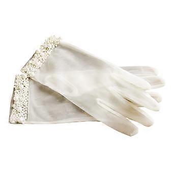 1 Pair Elegant Bride Gloves Transparent Gauze Hand Mitts Pearls Lace Mittens for Wedding Evening Party Bride Banquet Dancing Opera (Beige)