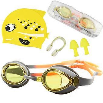4PCS Children's swimming goggles silicone waterproof anti-fog goggles swimming cap setpink