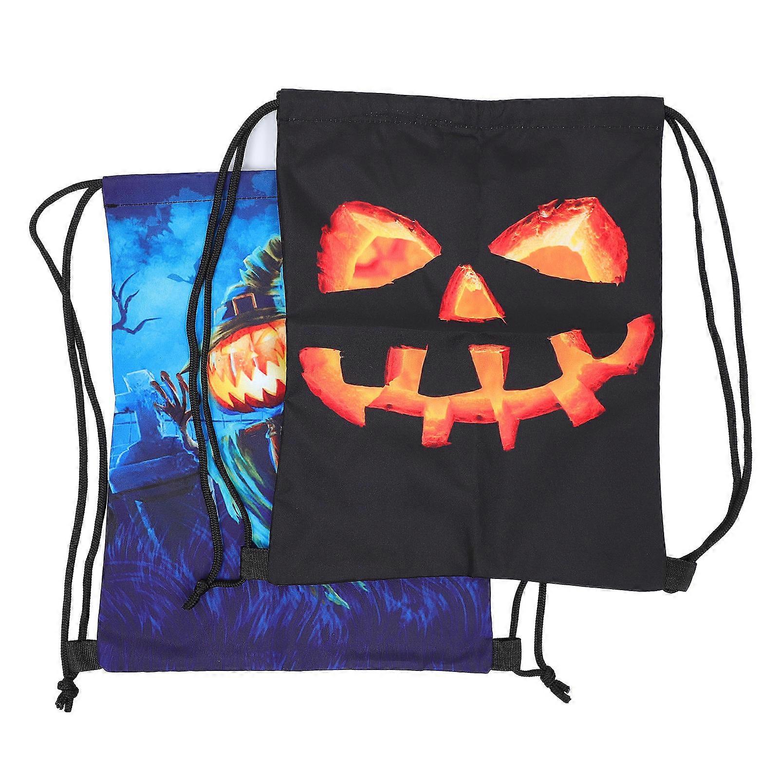Halloween Drawstring Pumpkin Backpack for Storage 2Pcs Durable Polyester Bags
