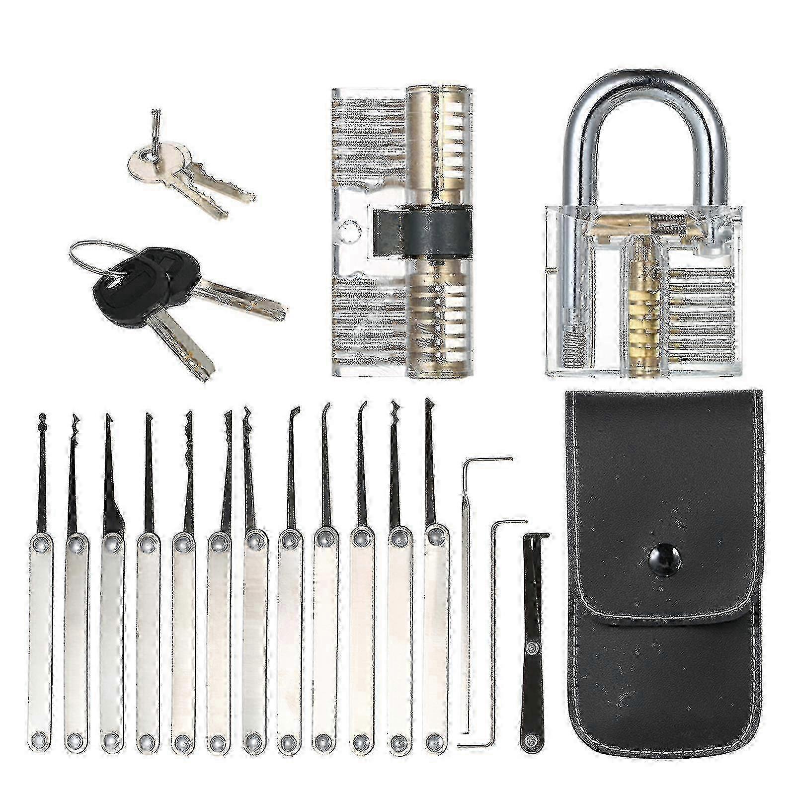 Transparent 15pcs Lock Picking Set with 2 Practice Padlocks for Locksmith Beginners & Professionals