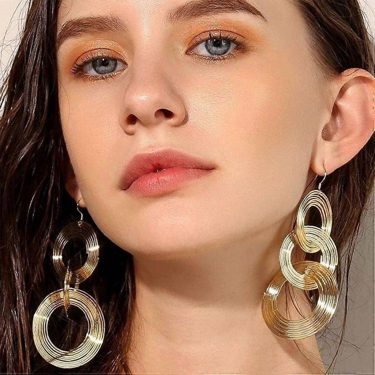 Long 70S Disco Statement Earrings - Gold Multi-layer Hoop Dangle Earrings