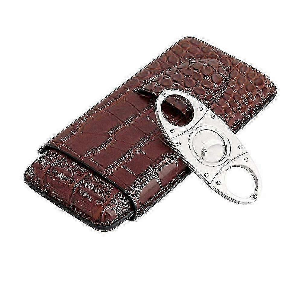 Cigar Case Set Brown Leather Includes Cutter Humidor Box Gift Box